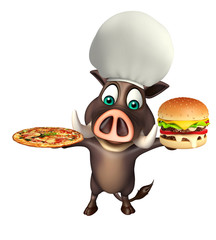 cute Boar cartoon character with burger  and pizza