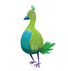 Cartoon image of a funny fantasy beautiful tropical bird with bright green-blue feathers, small green tail and a small blue beak standing on a white background. Vector illustration. Tropical bird.