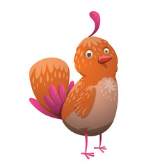 Cartoon image of a funny fantasy beautiful tropical bird with bright orange-pink feathers, big feathery tail and a small beak standing on a white background. Vector illustration. Tropical bird.