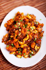 Thai chicken curry with cashew nuts. Shot from above