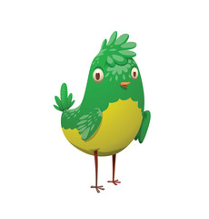 Cartoon image of a funny fantasy beautiful plump little tropical bird with bright green-yellow feathers, small green tail and beak standing on a white background. Vector illustration. Tropical bird.