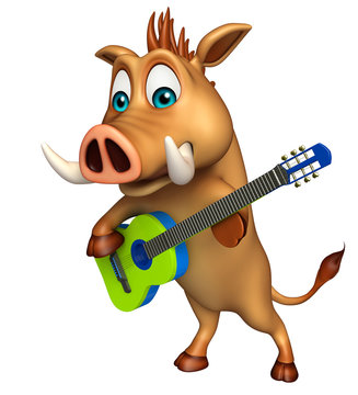 cute Boar cartoon character  with guitar