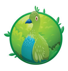 Vector image of a round green frame with leaves and with cartoon image of a funny fantasy beautiful tropical bird with bright green-blue feathers and small beak in the center on a white background.