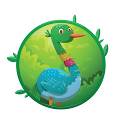 Vector image of a round green frame with leaves and with cartoon image of funny fantasy beautiful tall tropical bird with bright blue-green feathers and long neck in the center on a white background.