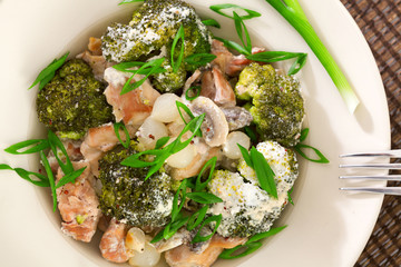 Slow cooked chicken, broccoli and mushroom dish. Shot from above