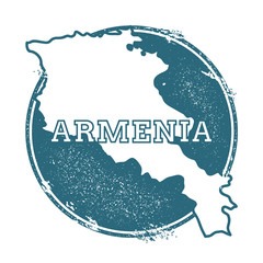 Grunge rubber stamp with name and map of Armenia, vector illustration. Can be used as insignia, logotype, label, sticker or badge of the country.