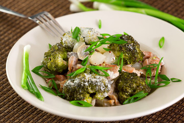 Slow cooked chicken, broccoli and mushroom dish.