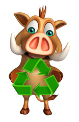 Boar cartoon character with recycle sign