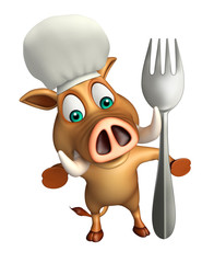 Boar cartoon character with dinner plate and spoon