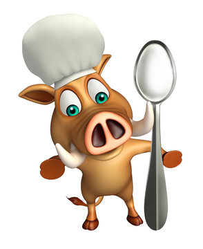 Boar cartoon character with dinner plate and spoon