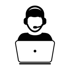 Service Icon Vector User Person With Laptop and Headphone in Glyph Pictogram illustration
