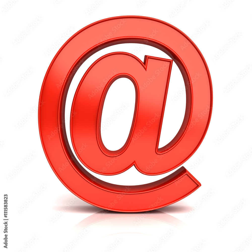 Poster Red email at sign isolated over white background with reflection. 3D rendering.