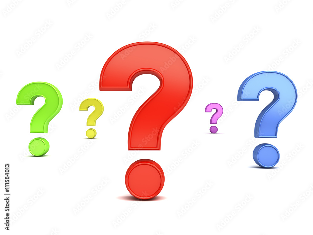 Poster colorful question marks isolated over white background with shadow. 3d rendering.