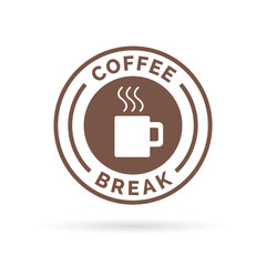 Coffee break time badge sign with brown steaming coffee mug icon silhouette. Vector illustration.