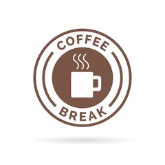 Fotobehang Coffee break time badge sign with brown steaming coffee mug icon silhouette. Vector illustration. © JoelMasson