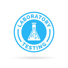 Science laboratory testing badge sign with blue lab beaker icon silhouette. Vector illustration.