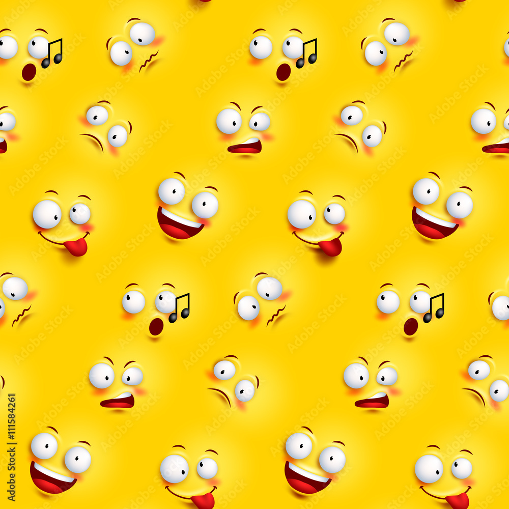 Poster seamless smiley face pattern with funny facial expressions in continuous yellow background. vector i