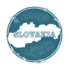 Grunge rubber stamp with name and map of Slovakia, vector illustration. Can be used as insignia, logotype, label, sticker or badge of the country.