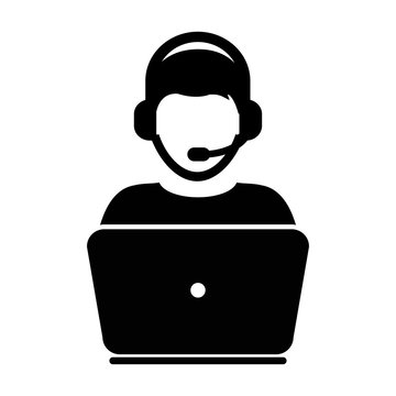 Customer Service Icon Vector User Person Profile Avatar With Laptop and Headphone in Glyph Pictogram illustration