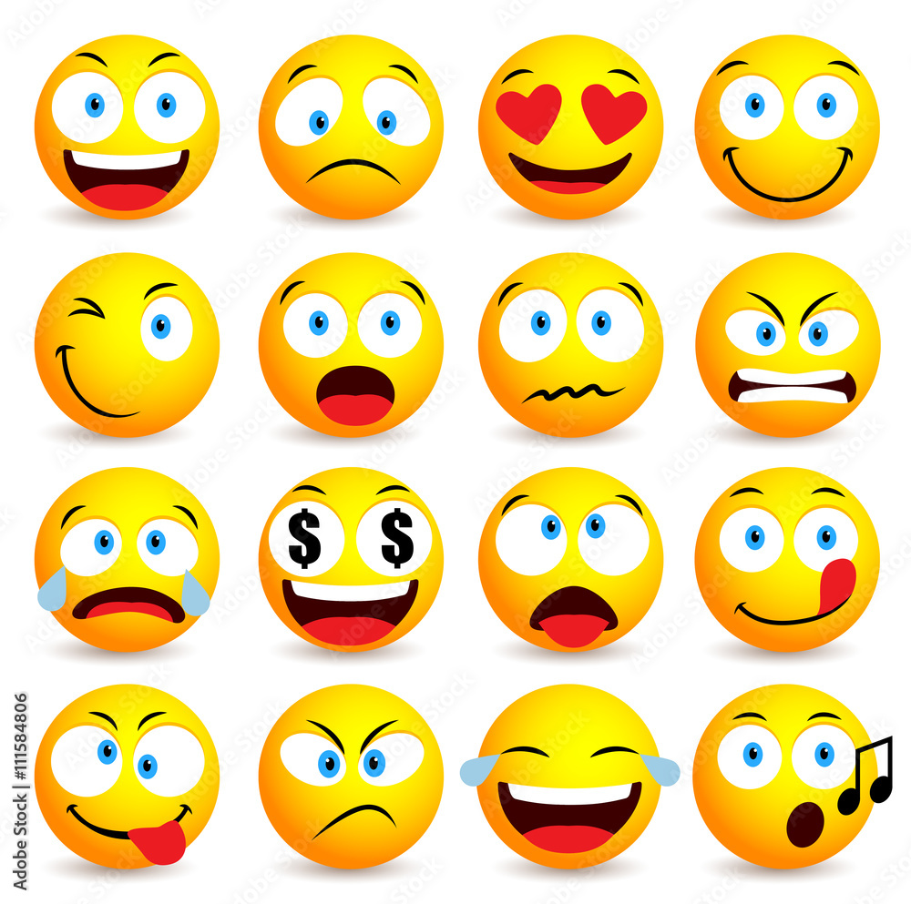 Poster smiley face and emoticon simple set with facial expressions isolated in white background. vector ill