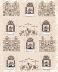 Series of backgrounds decorated with old town views and street cafes.