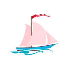 Yacht on the Waves, Sailing Vessel Isolated on White, Travel Concept , Vector Illustration