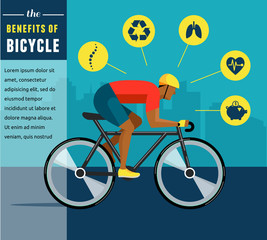 cyclist riding on bicycle, vector infographics, poster, icon set