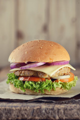 pork cheese burger with vintage setup