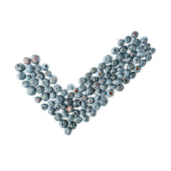 Yes tick sign symbol mark made of Bilberry or blueberry over isolated white background