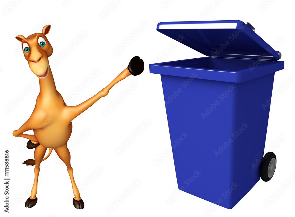 Poster cute Camel cartoon character with dustbin