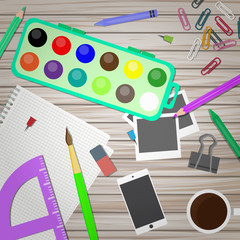 Artist and designer desk. Vector illustration in flat style. Top view of creative table background