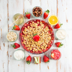 Rhubarb and Strawberry crumble with all ingredients
