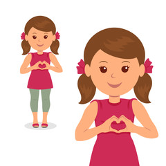 Cute girl making love sign with his hands. Isolated vector illustration of a child with folded hands heart symbol