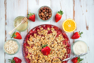 Rhubarb and Strawberry crumble with all ingredients
