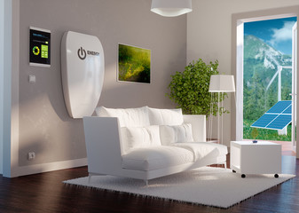3d rendering of modern house interior with independent energy system