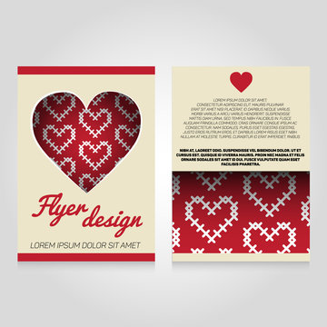 Brochure flier design template with heart pattern. Vector love poster illustration. Leaflet cover layout in A4 size