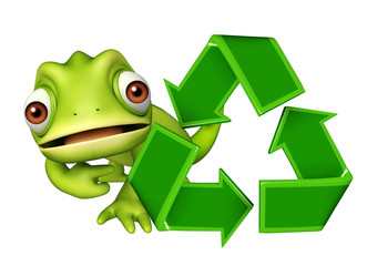 Chameleon cartoon character with recycle sign