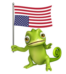 fun Chameleon cartoon character with flag