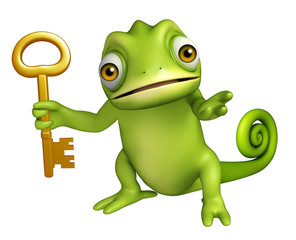 Chameleon cartoon character with key