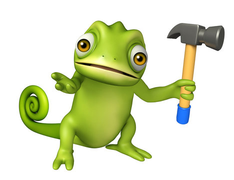 cute Chameleon cartoon character with hammer
