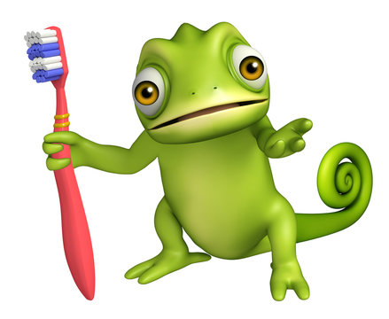 fun Chameleon cartoon character with tooth brush