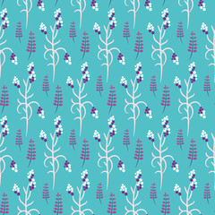 Wild flower purple and white plant spring field seamless pattern. Floral tender fine summer vector pattern on bright blue background. For fabric textile prints and apparel.