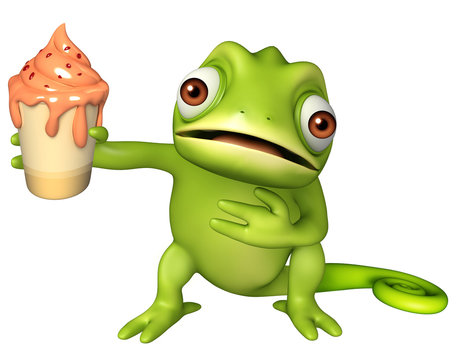 cute Chameleon cartoon character with ice cream