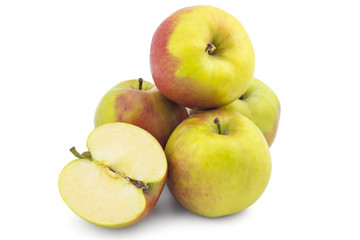 Raw organic Jonathan apples, one cutted in half, isolated on white background