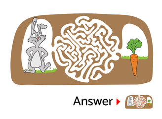 Maze puzzle for kids with rabbit and carrot. Labyrinth illustration, solution included.