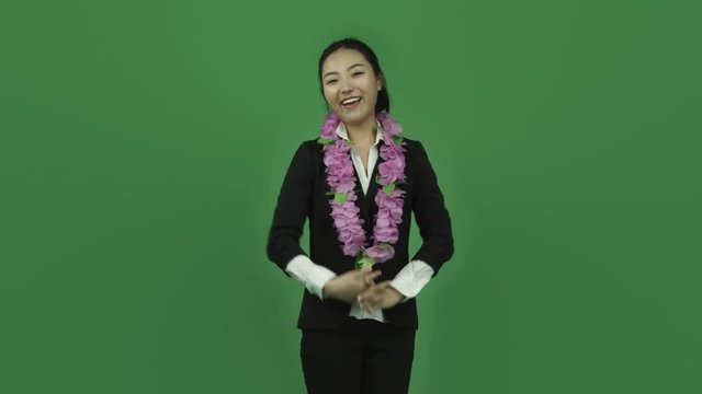Asian business woman isolated greenscreen green background garland relaxed vacations