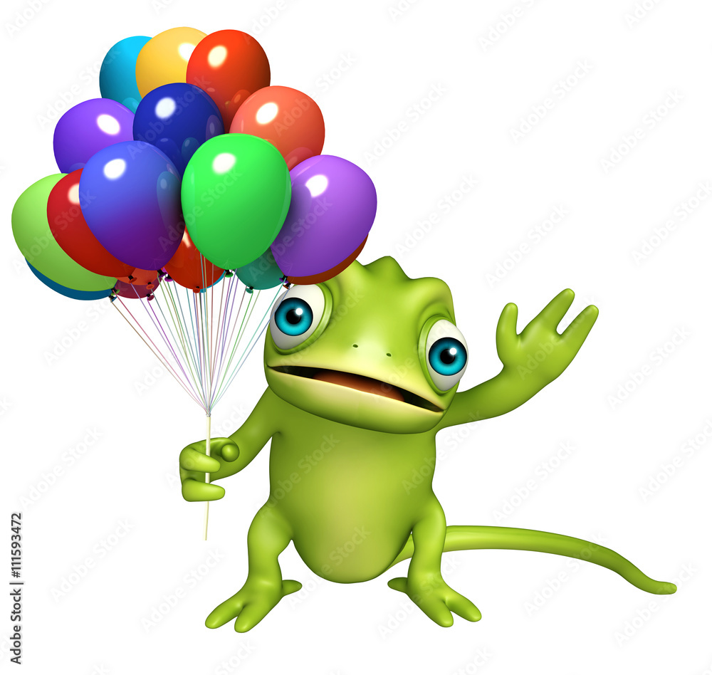 Poster fun Chameleon cartoon character with ballons