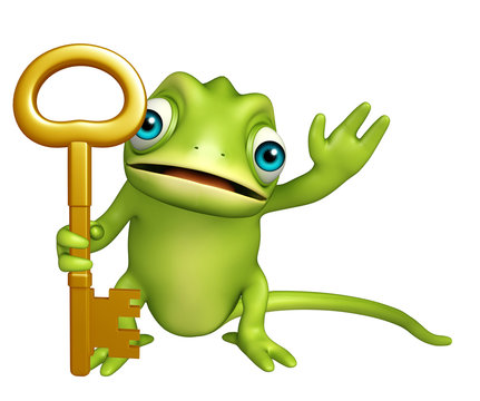 Chameleon cartoon character with key