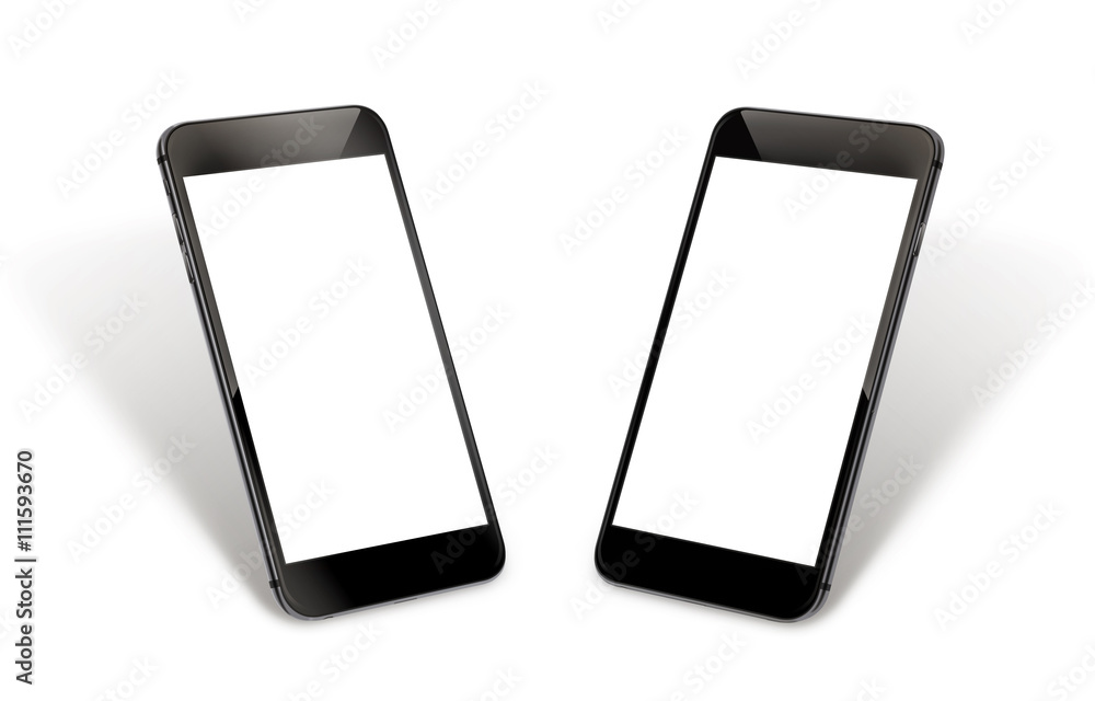 Poster isolated black smart phone. two sided isometric view. isolated screen for mockup.