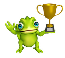 fun Chameleon cartoon character with winning cup